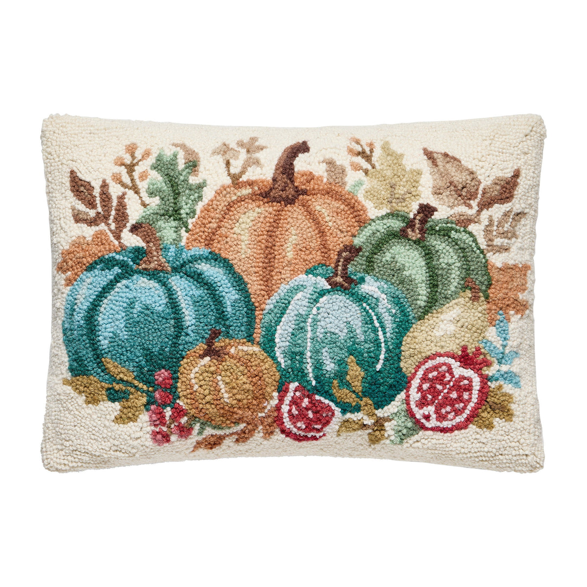 Fig and Pear Teal Harvest Hooked Wool Fall Harvest Throw Pillow, 14x20 inch, front view