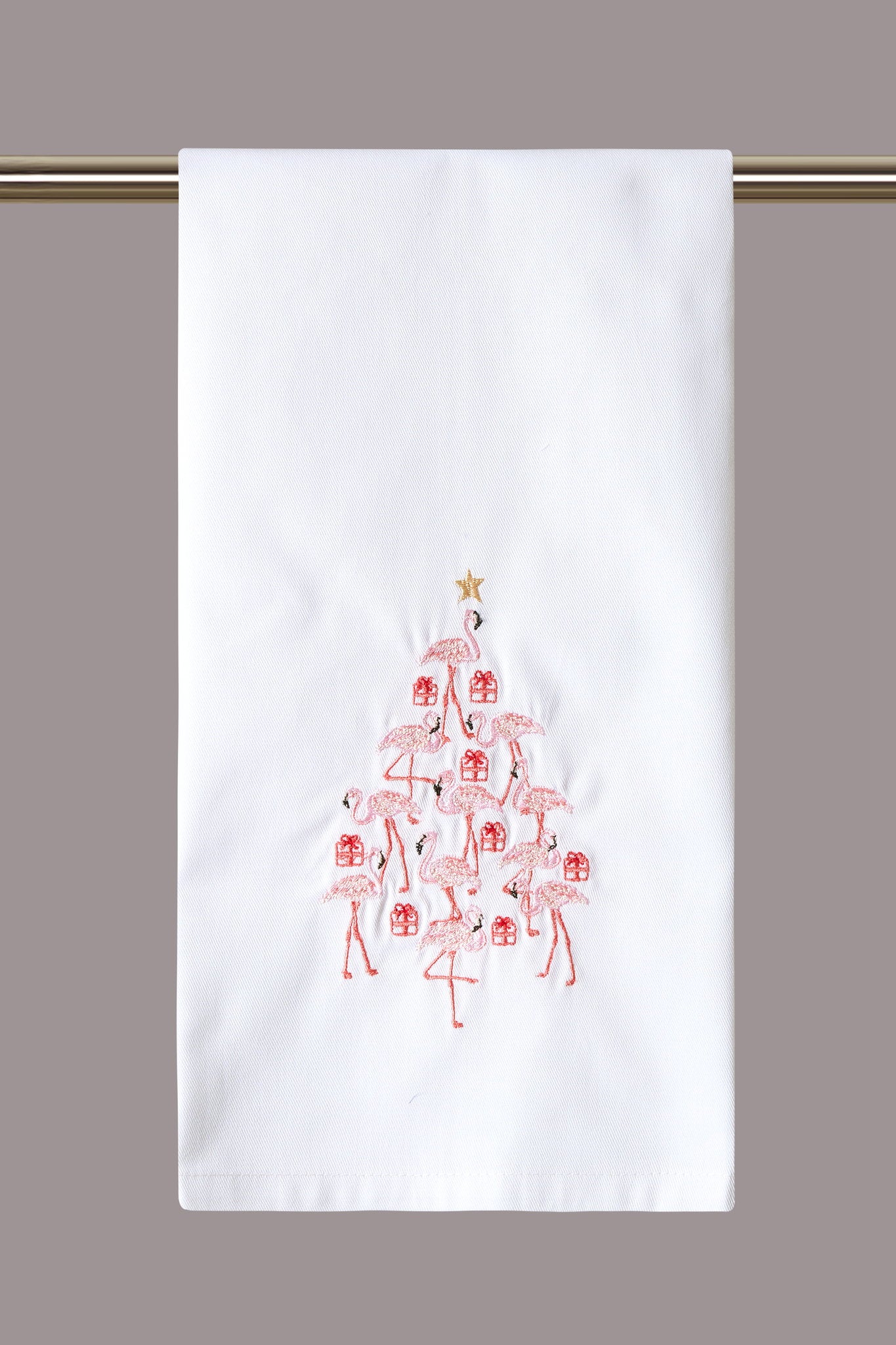 Flamingo Tree Embroidered Christmas Kitchen Towel, 16x25 inch, front view