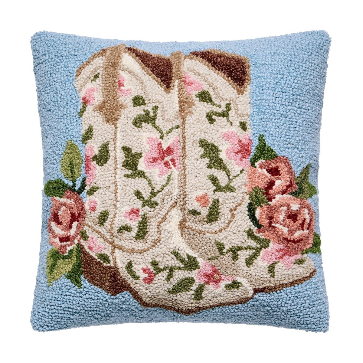 Floral Cowgirl Boots Hooked Wool Throw Pillow, 16x16 inch, front view
