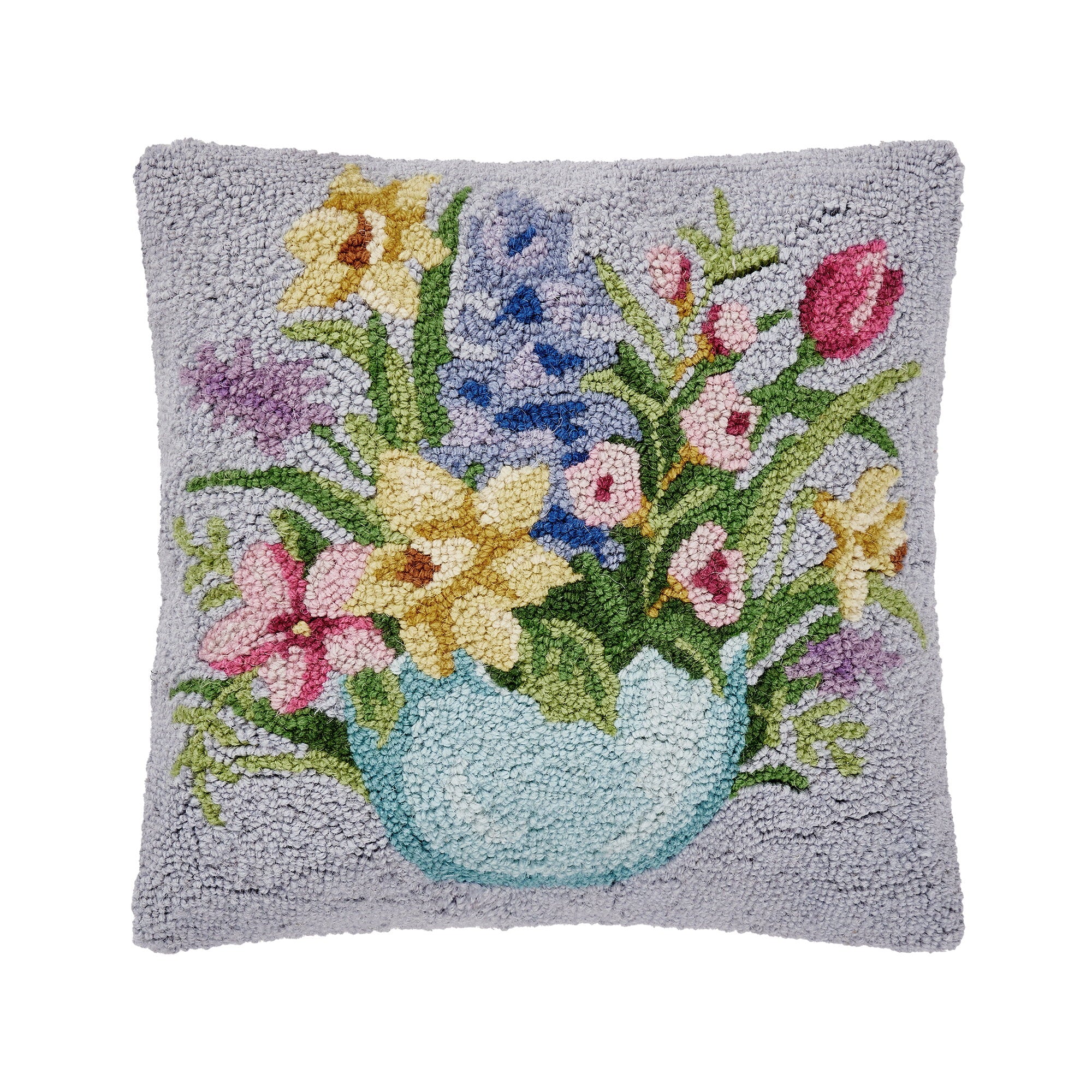 Floral Egg Hooked Wool Easter Throw Pillow, 16x16 inch, front view