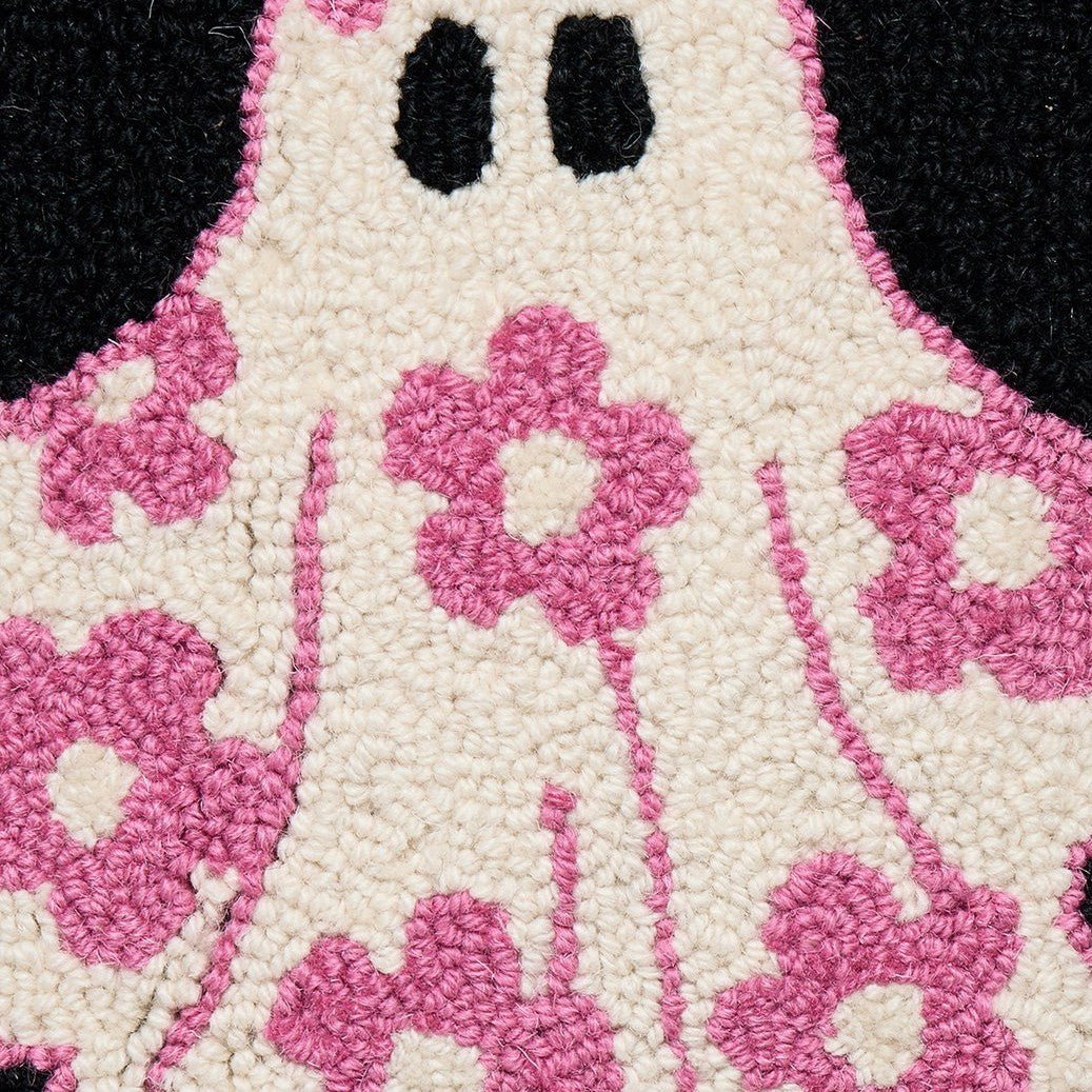 Closeup of Floral Ghost Hooked Wool Halloween Throw Pillow showing stitch texture and craftsmanship detail