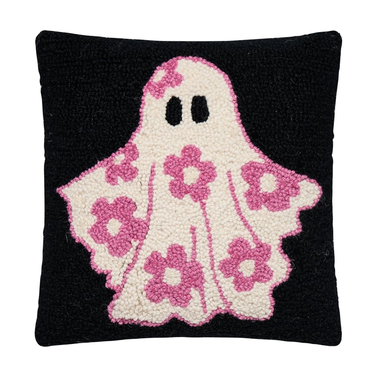 Floral Ghost Hooked Wool Halloween Throw Pillow, 12x12 inch, front view