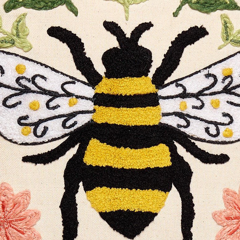 Floral Natural Bee Embroidered Throw Pillow, close-up detail