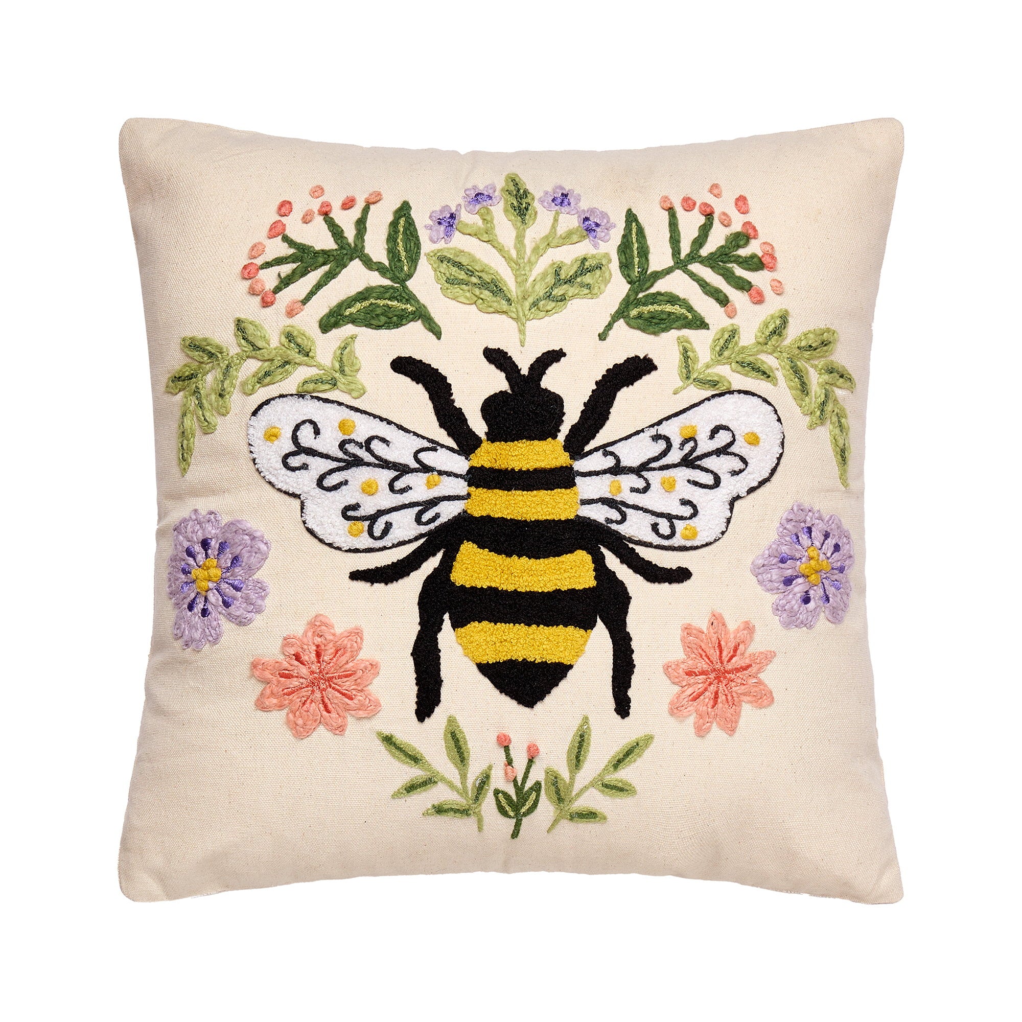 Floral Natural Bee Embroidered Throw Pillow, 16x16 inch, front view