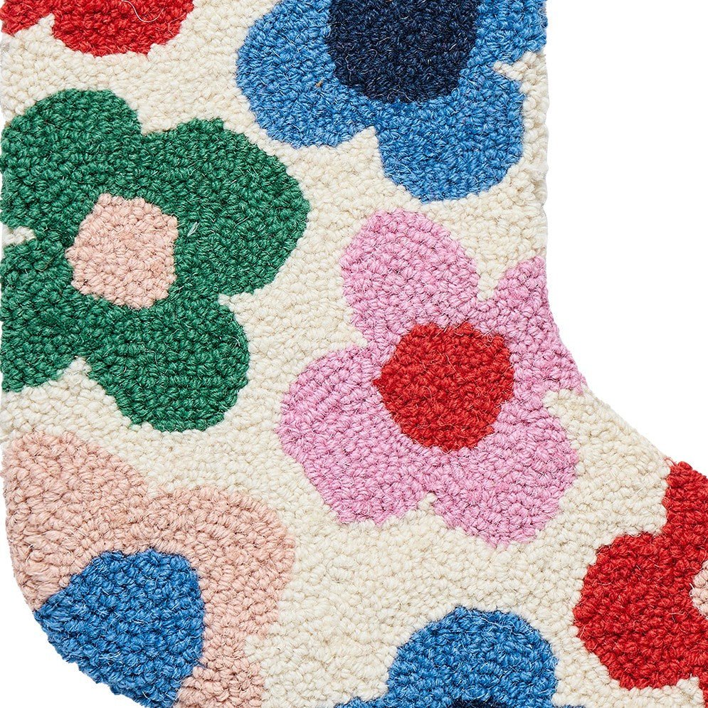 Floral Toss Hooked Wool Christmas Stocking, close-up detail