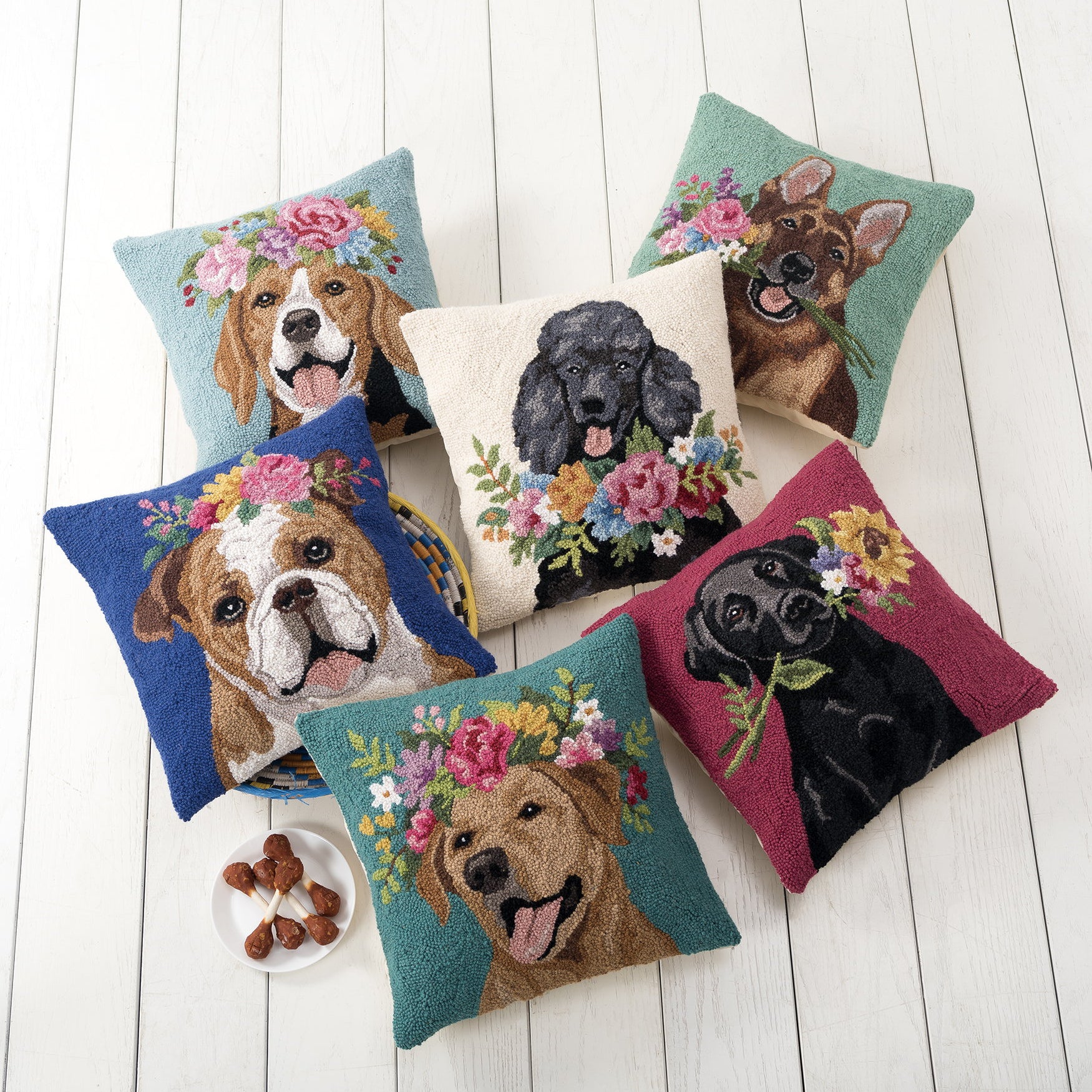 Floral Yellow Lab Hooked Wool Throw Pillow shown alongside other designs in the same collection, 18x18 inch