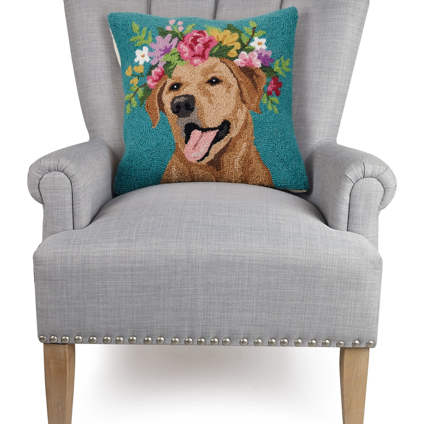 Floral Yellow Lab Hooked Wool Throw Pillow on an armchair, showing the throw pillow at room scale, 18x18 inch