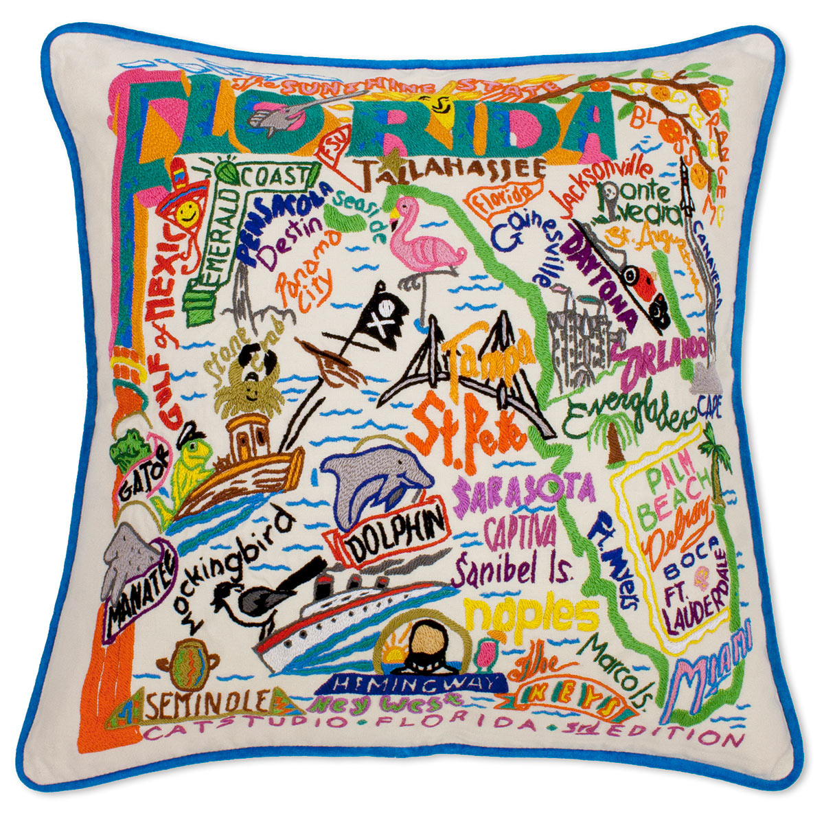 Florida State Turquoise hand-embroidered throw pillow showcasing iconic landmarks