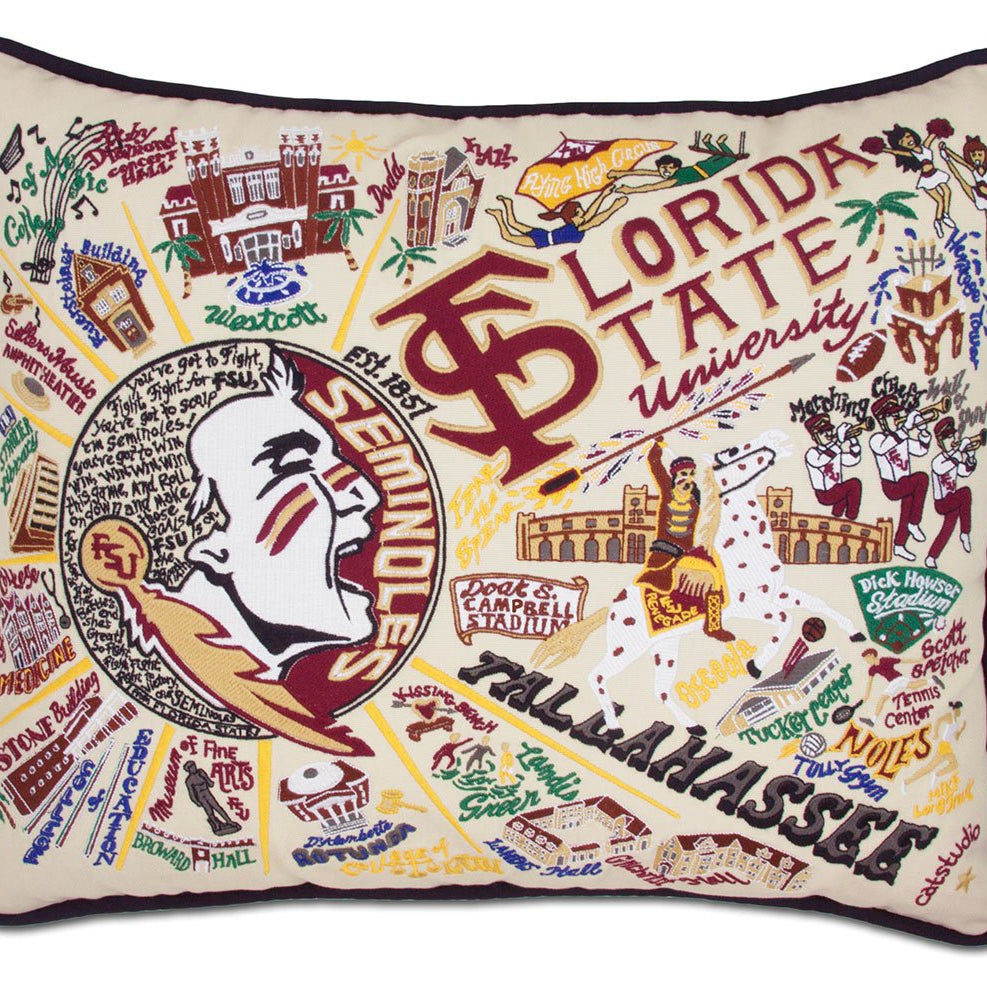 Florida State University Seminoles hand-embroidered throw pillow featuring school colors and mascot imagery