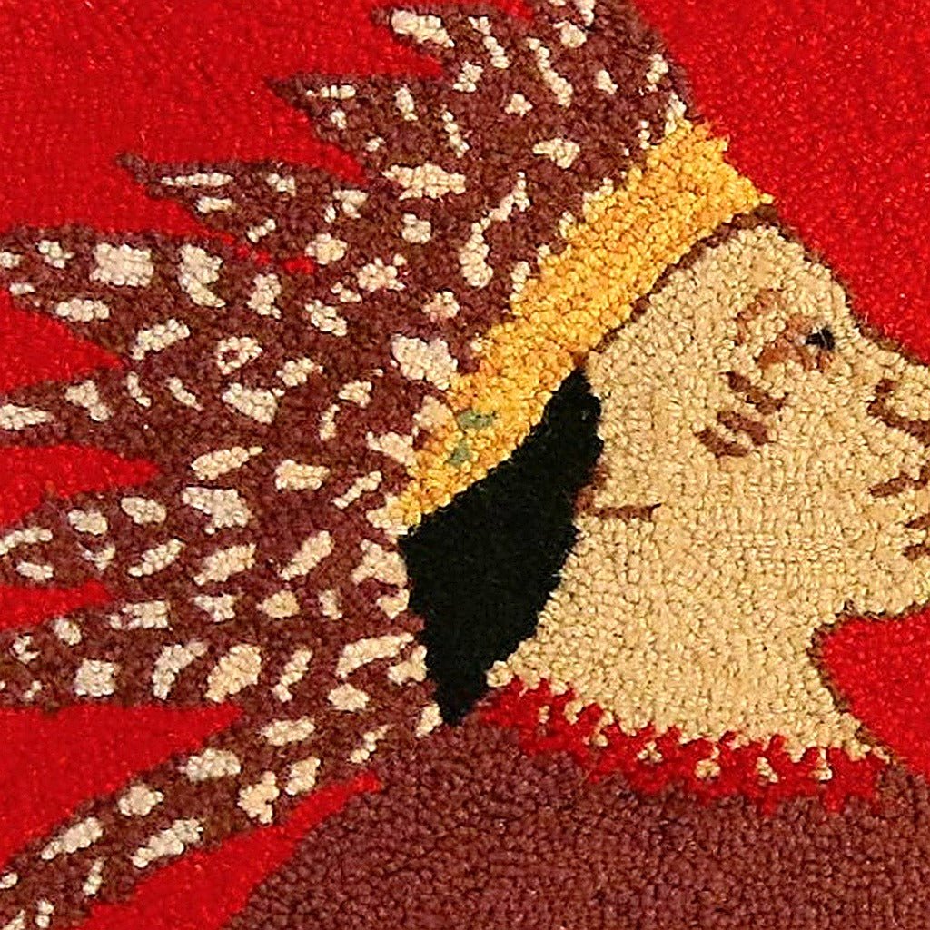 Folk Art Native American Chief Wool Hooked pillow fabric closeup showing hand-embroidered needlepoint wool texture and color detail