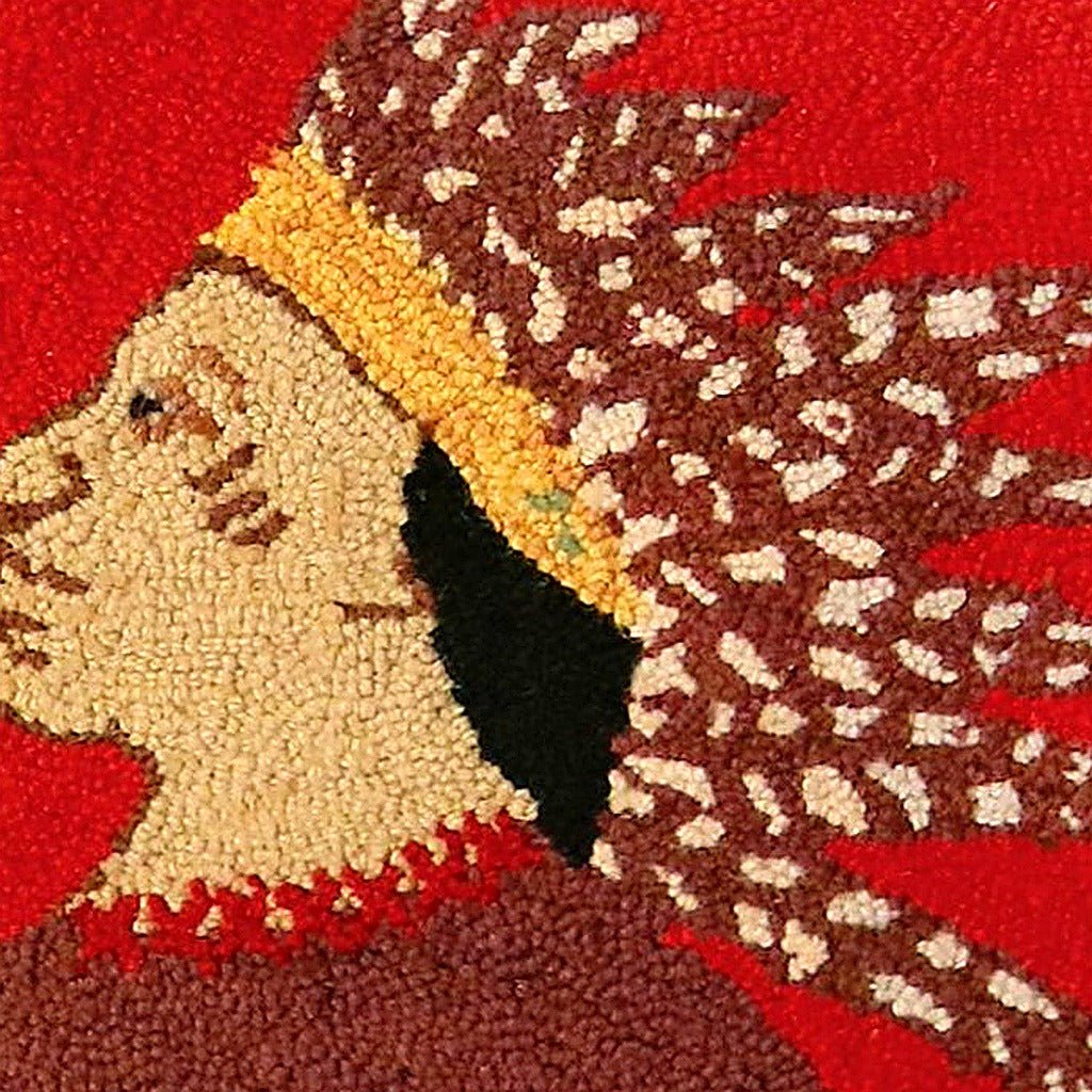 Hand-stitched wool detail of Folk Art Native American Wool Hooked needlepoint pillow showing intricate weave pattern and texture