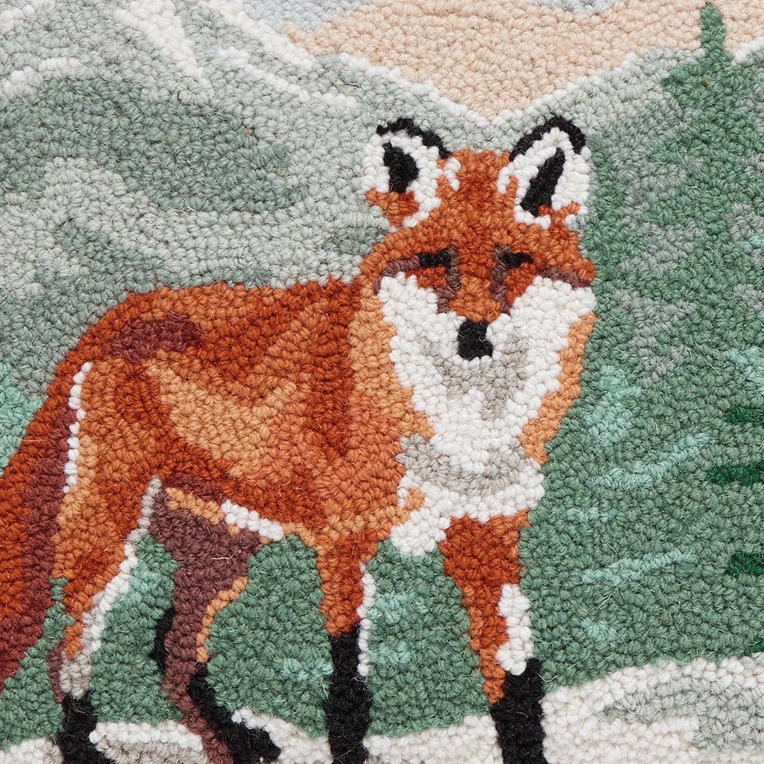 Forest Fox Hooked Wool Throw Pillow, close-up detail