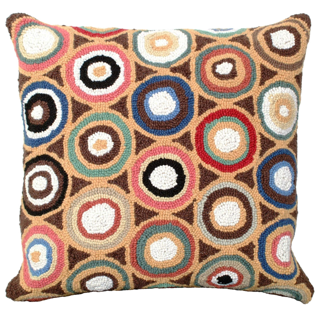 Geometric Circles Pattern hooked wool throw pillow with artisan decorative design