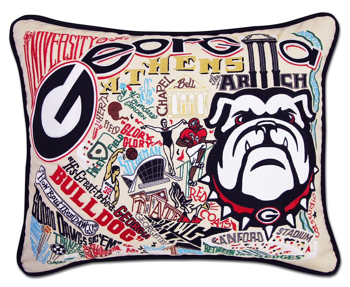 Georgia Bulldogs hand-embroidered throw pillow featuring school colors and mascot imagery