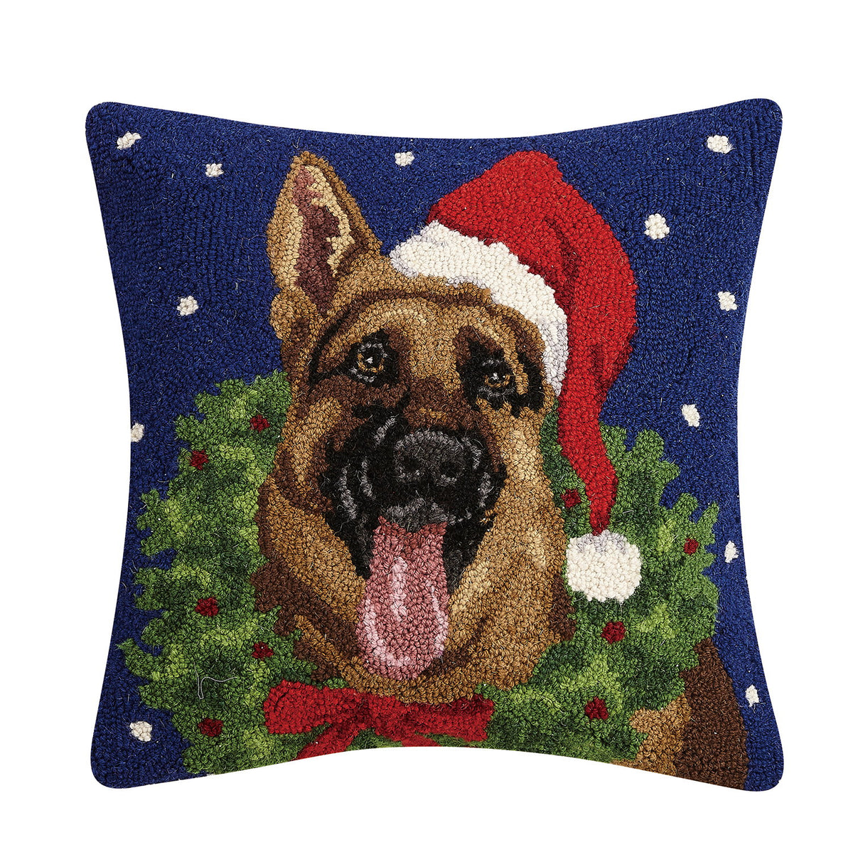 German Shepherd with Wreath Hooked Wool Christmas Throw Pillow, 18x18 inch, front view