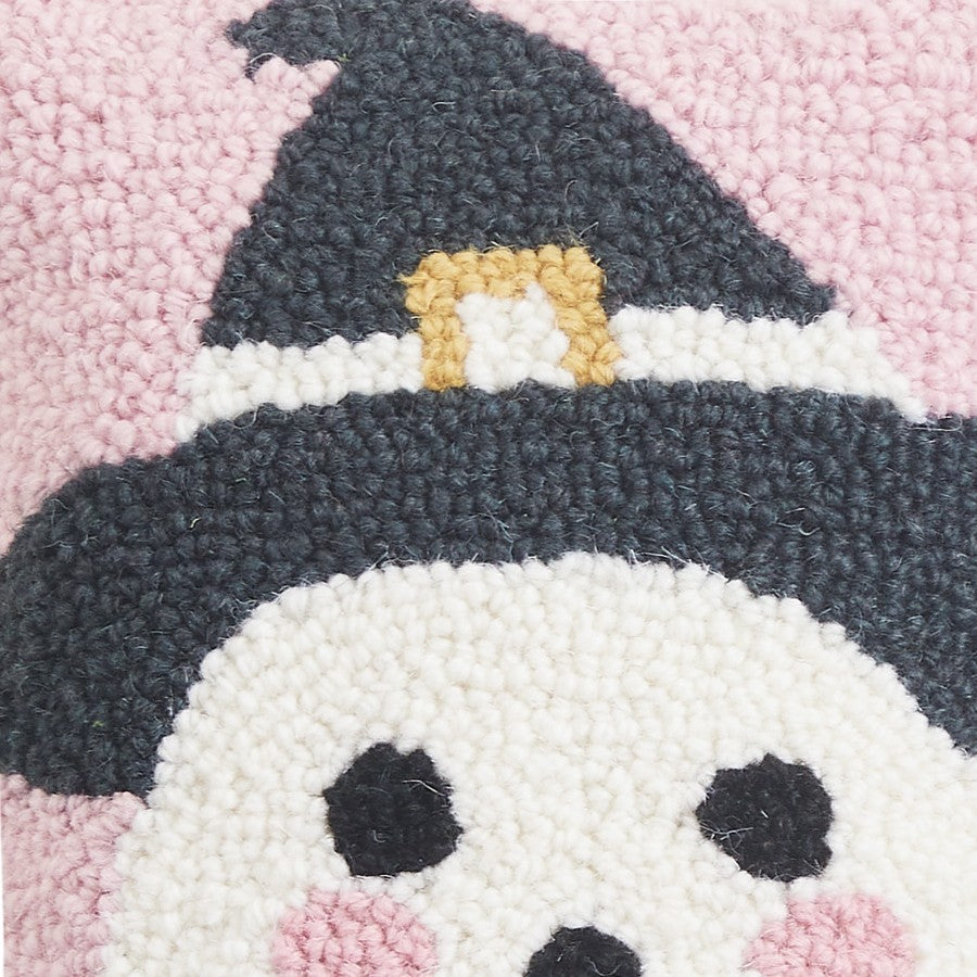 Ghost Witch Hooked Wool Halloween Throw Pillow, close-up detail