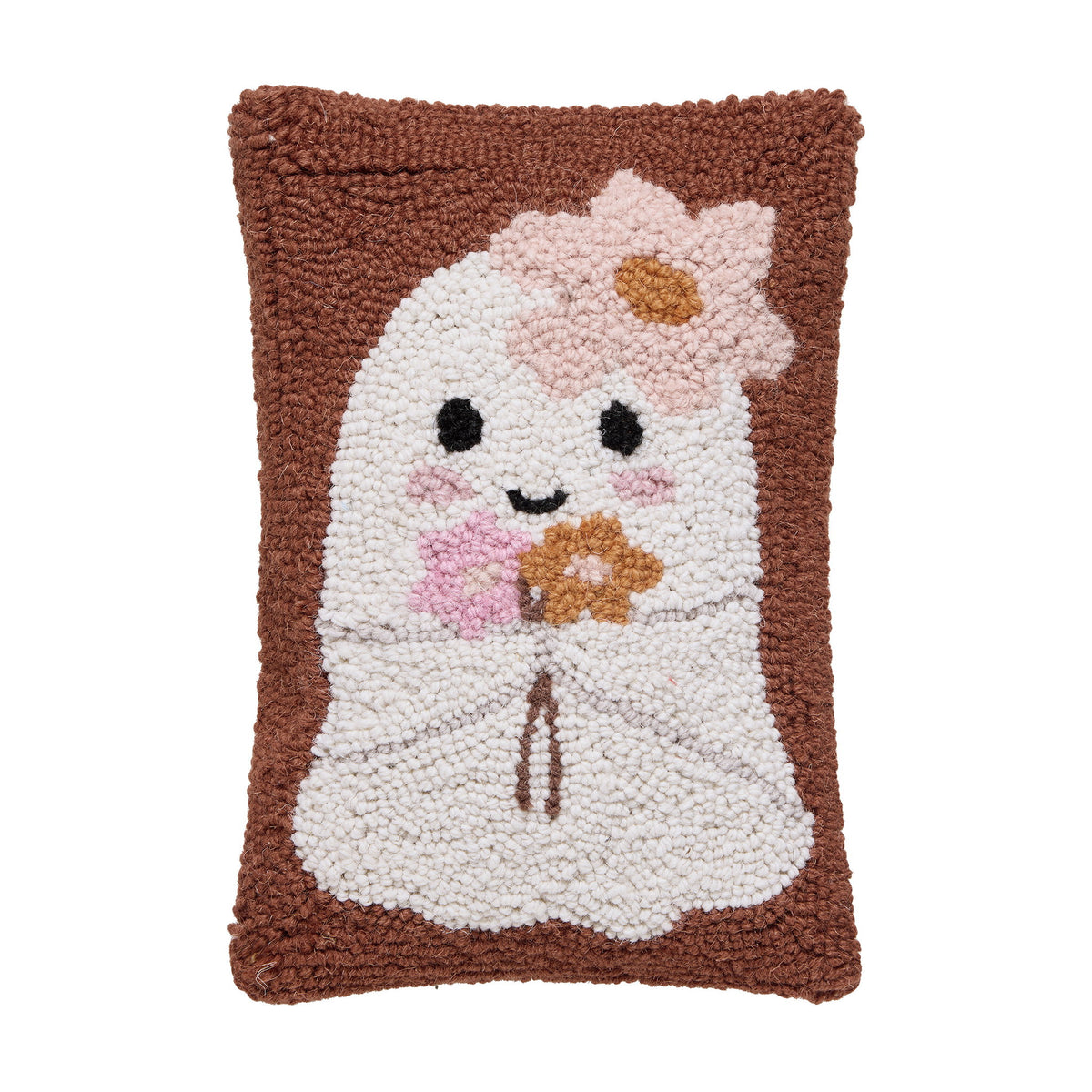 Ghost with Daisies Hooked Wool Halloween Throw Pillow, 8x12 inch, front view