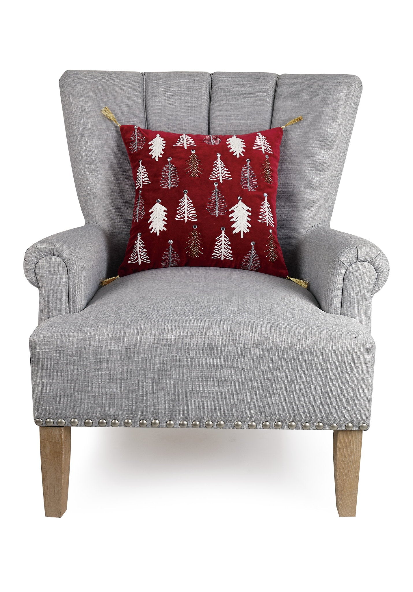 Gilded Trees Embroidered Christmas Throw Pillow on an armchair, showing the throw pillow at room scale, 16x16 inch