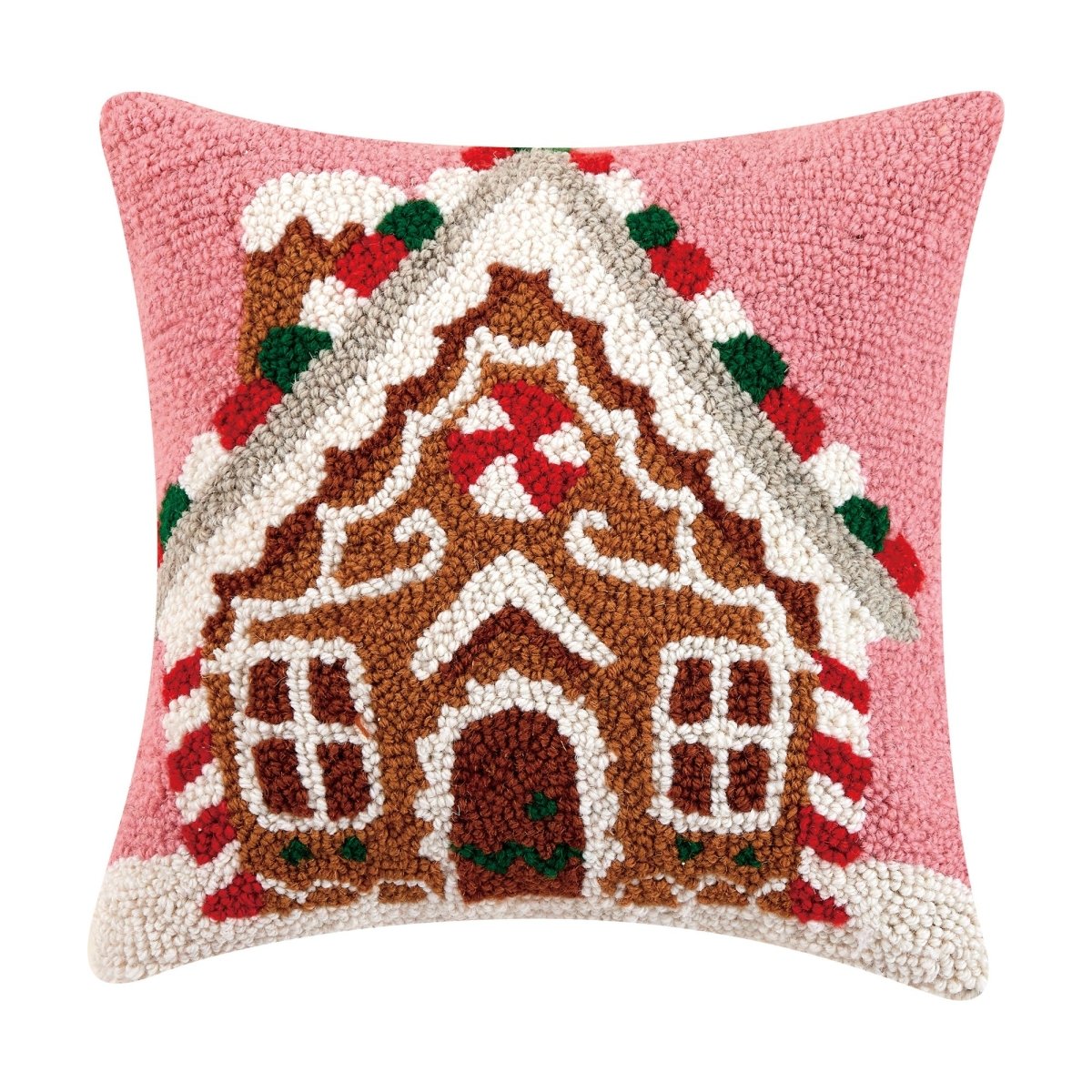 Gingerbread House Candycane Hooked Wool Christmas Throw Pillow, 14x14 inch, front view