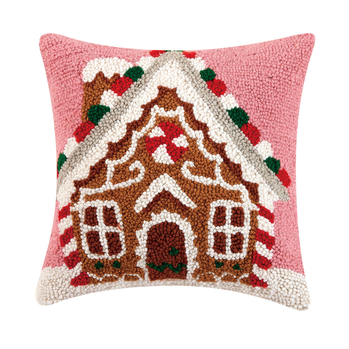 Gingerbread House Candycane Hooked Wool Christmas Throw Pillow, 14x14 inch, front view
