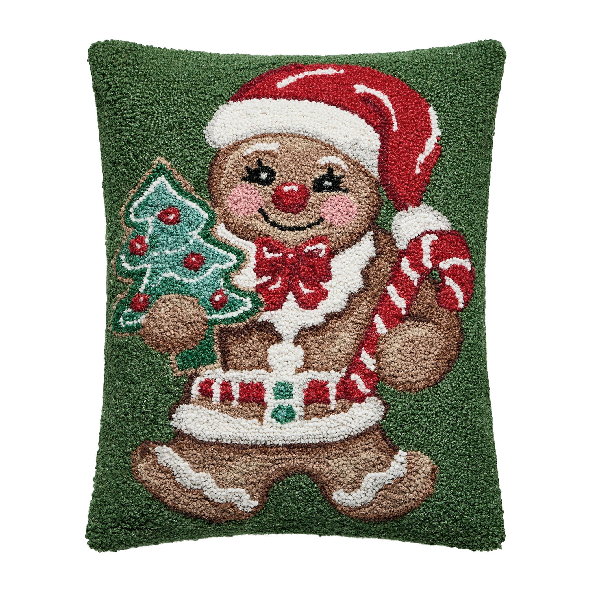 Gingerbread Man Hooked Wool Christmas Throw Pillow, 16x20 inch, front view