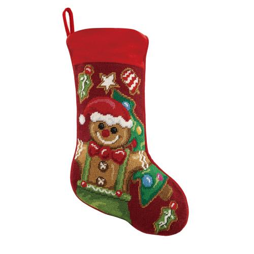 Gingerbread Man Wool Needlepoint Christmas Stocking, 11x18 inch, front view