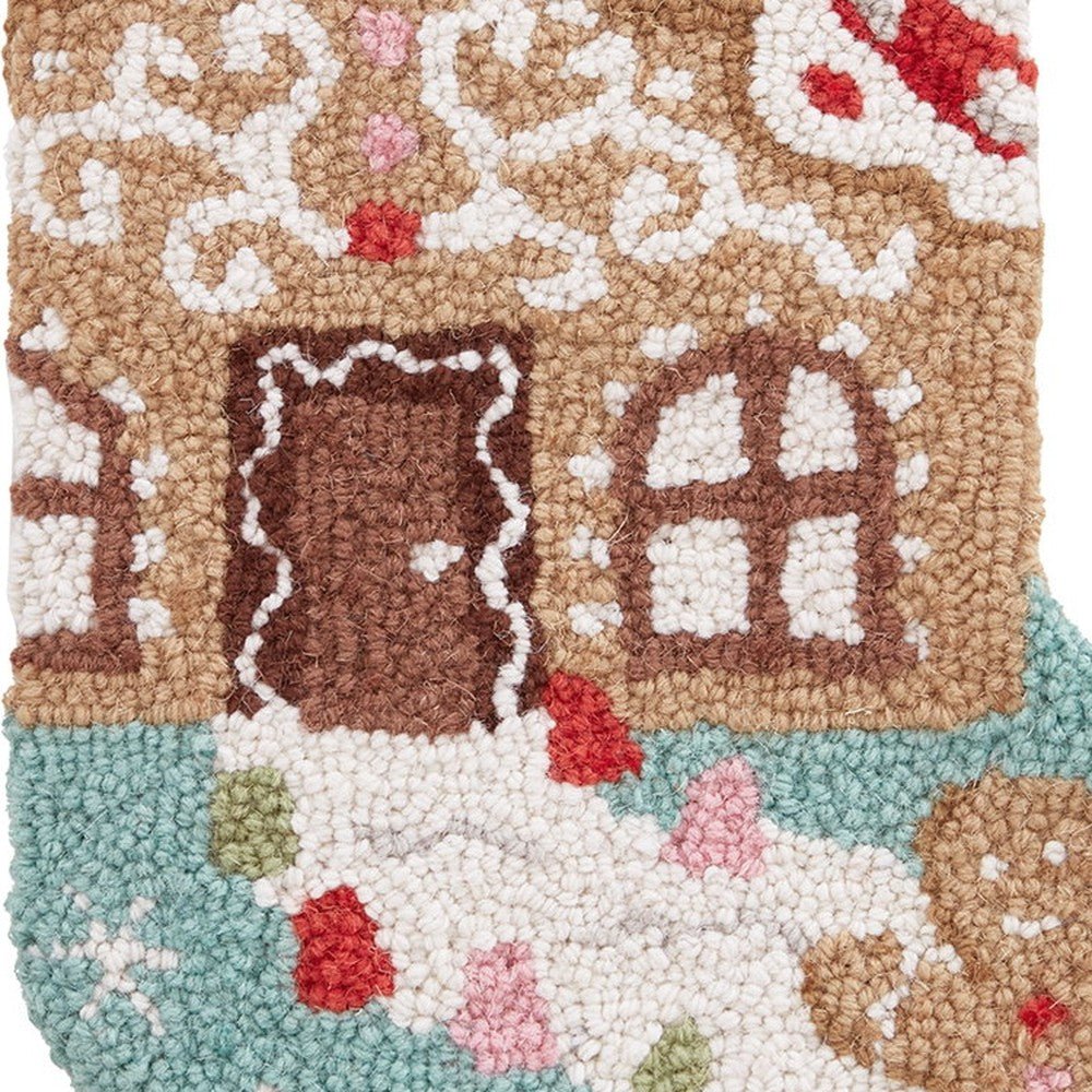 Closeup of Gingerbread with Tassel Hooked Wool Christmas Stocking showing stitch texture and craftsmanship detail