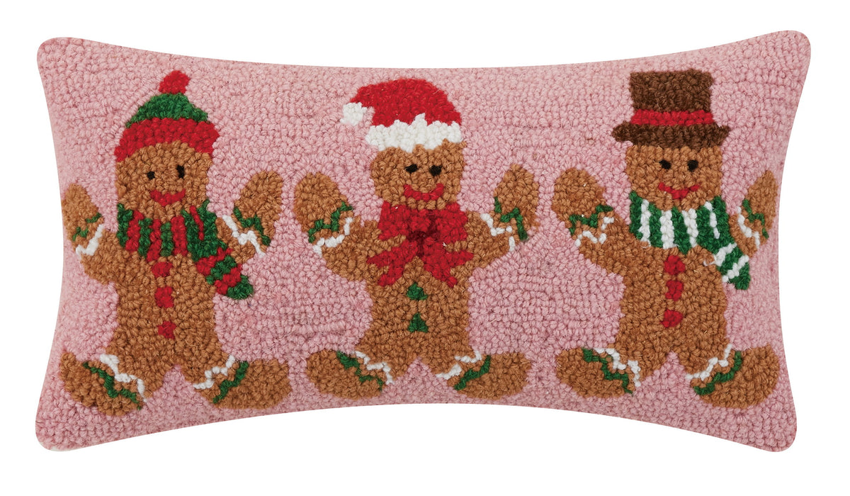 Gingerbreads Group Three Hooked Wool Christmas Throw Pillow, 9x16 inch, front view