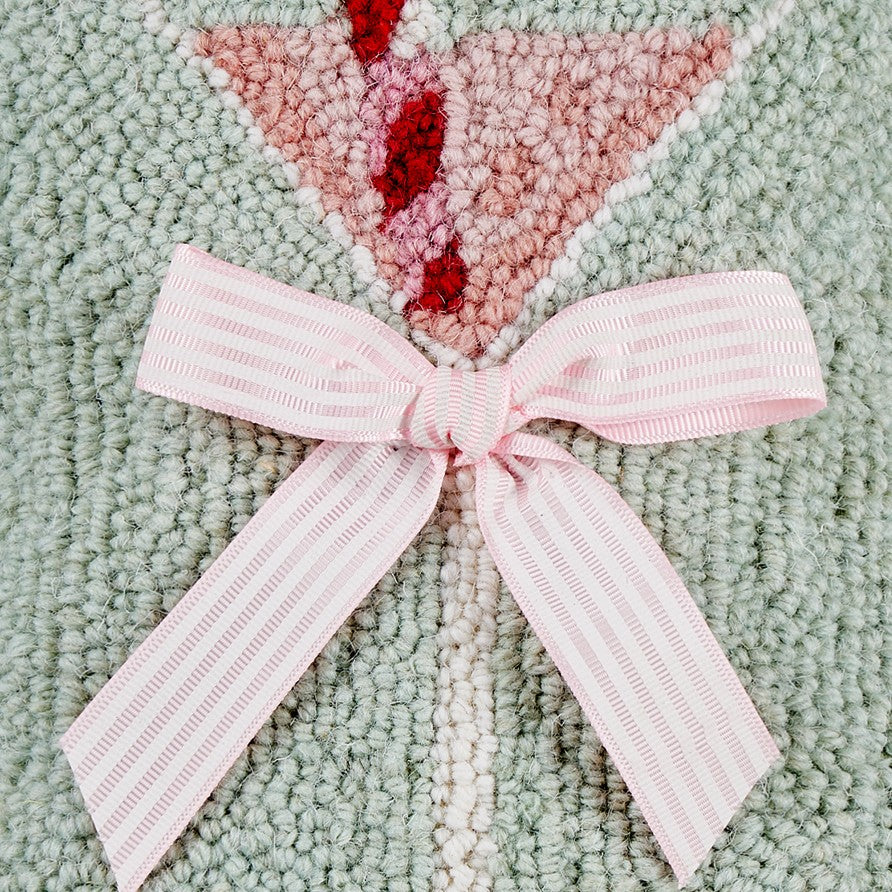 Gingham Bow Martini Glass Hooked Wool Christmas Throw Pillow, close-up detail