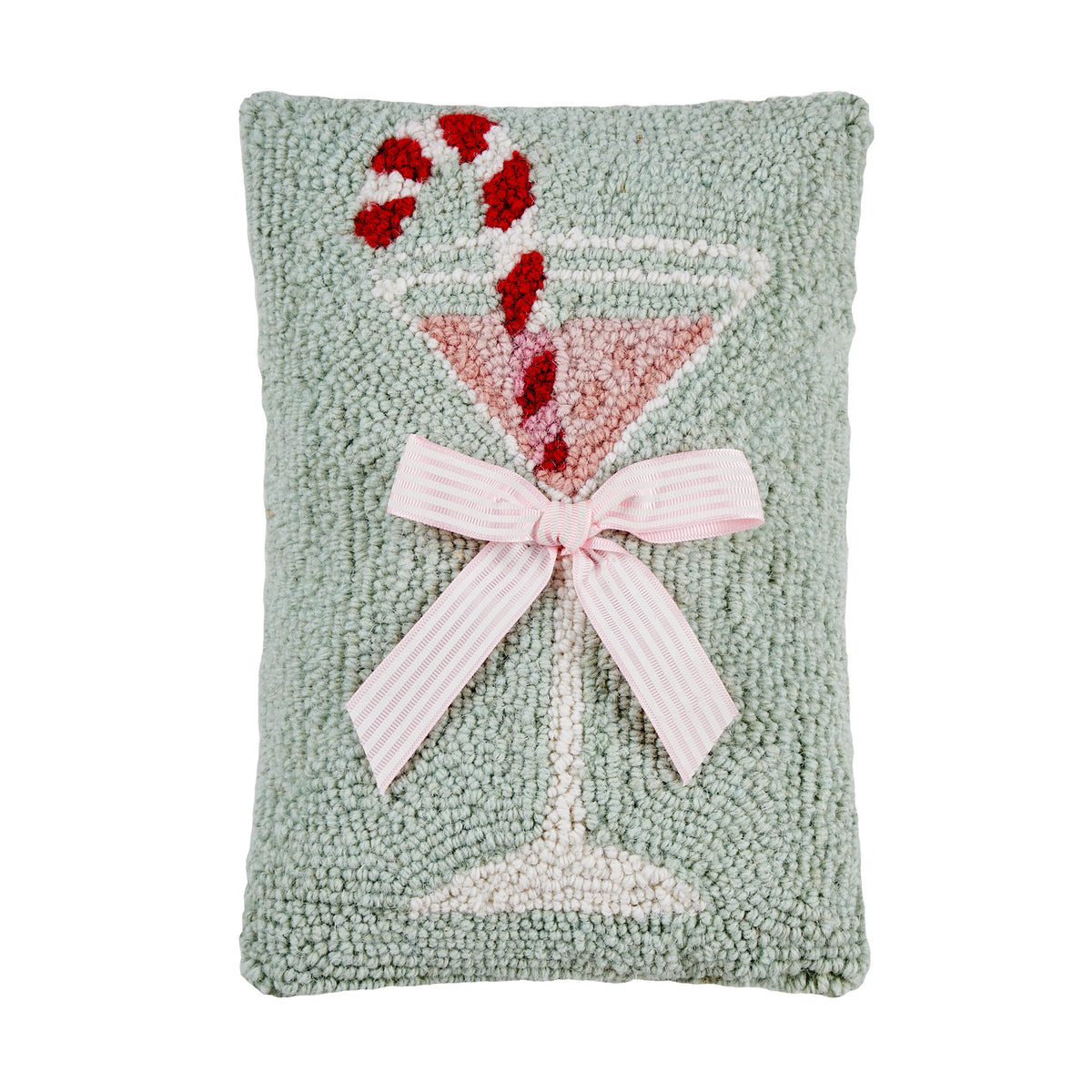 Gingham Bow Martini Glass Hooked Wool Christmas Throw Pillow, 8x12 inch, front view