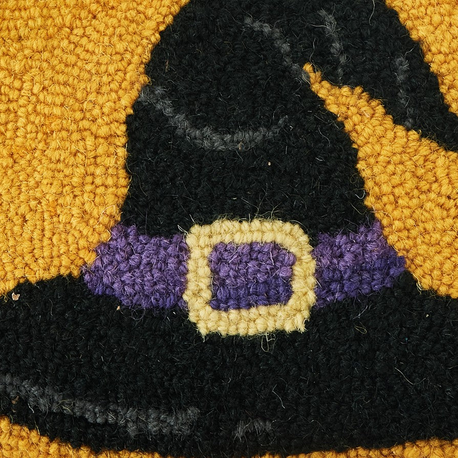 Gold Ground Witch Hat Hooked Wool Halloween Throw Pillow, close-up detail