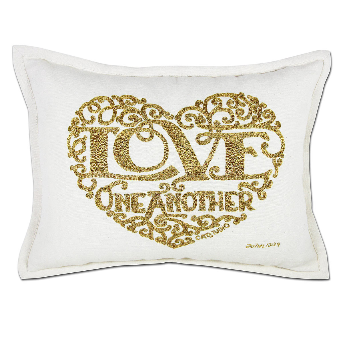 Gold Love Heart hand-embroidered throw pillow showcasing iconic landmarks