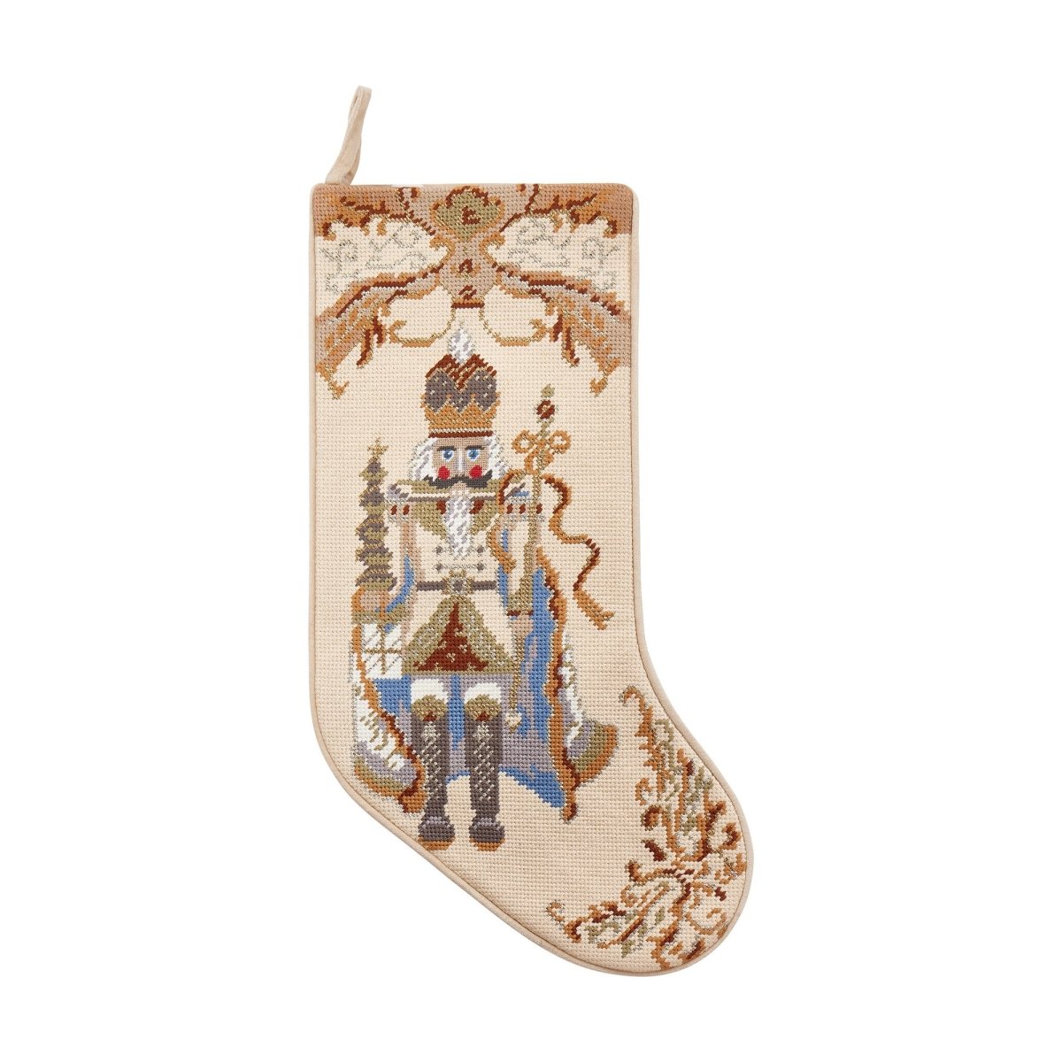 Gold Scroll Blue Nutcracker Embroidered Needlepoint Christmas Stocking, 11x18 inch, front view