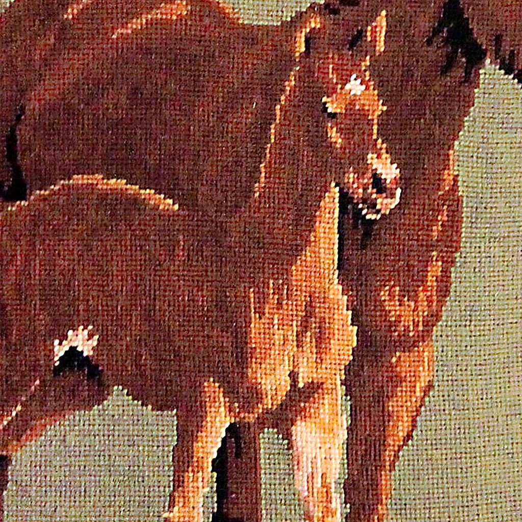 Golden Brown Quarter Horses pillow fabric closeup showing hand-embroidered needlepoint wool texture and color detail