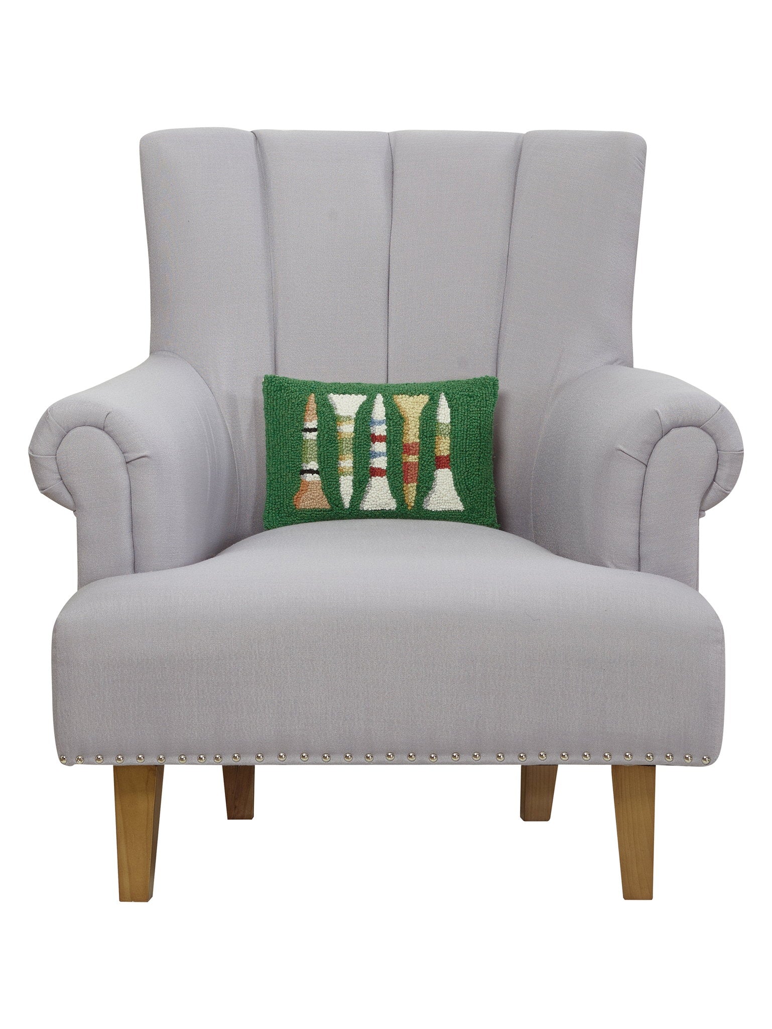 Golf Tees Hooked Wool Christmas Throw Pillow on an armchair, showing the throw pillow at room scale, 8x12 inch