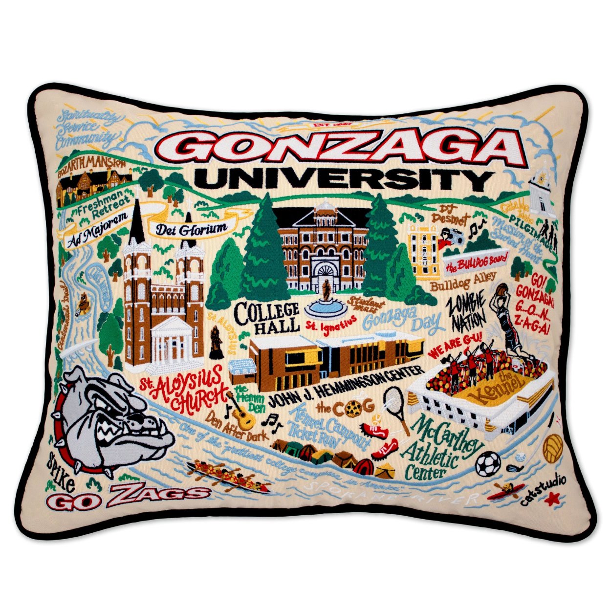 Gonzaga University Bulldogs hand-embroidered throw pillow featuring school colors and campus landmarks