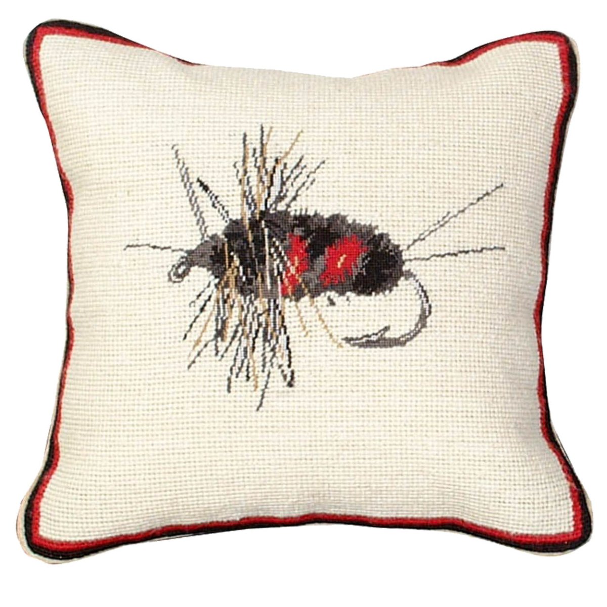 Gray Creek Fly Fishing needlepoint throw pillow with rustic nature wildlife lodge design