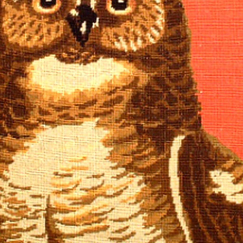 Hand-stitched wool detail of Great Horned Owl Wildlife Lodge needlepoint pillow showing intricate weave pattern and texture