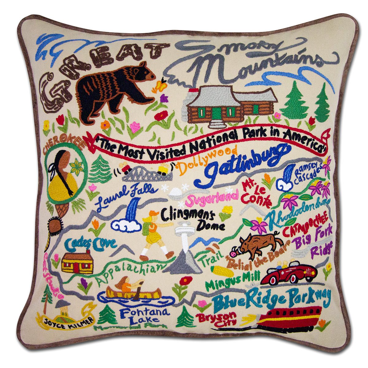 Great Smoky Mountains hand-embroidered throw pillow with artisan decorative design