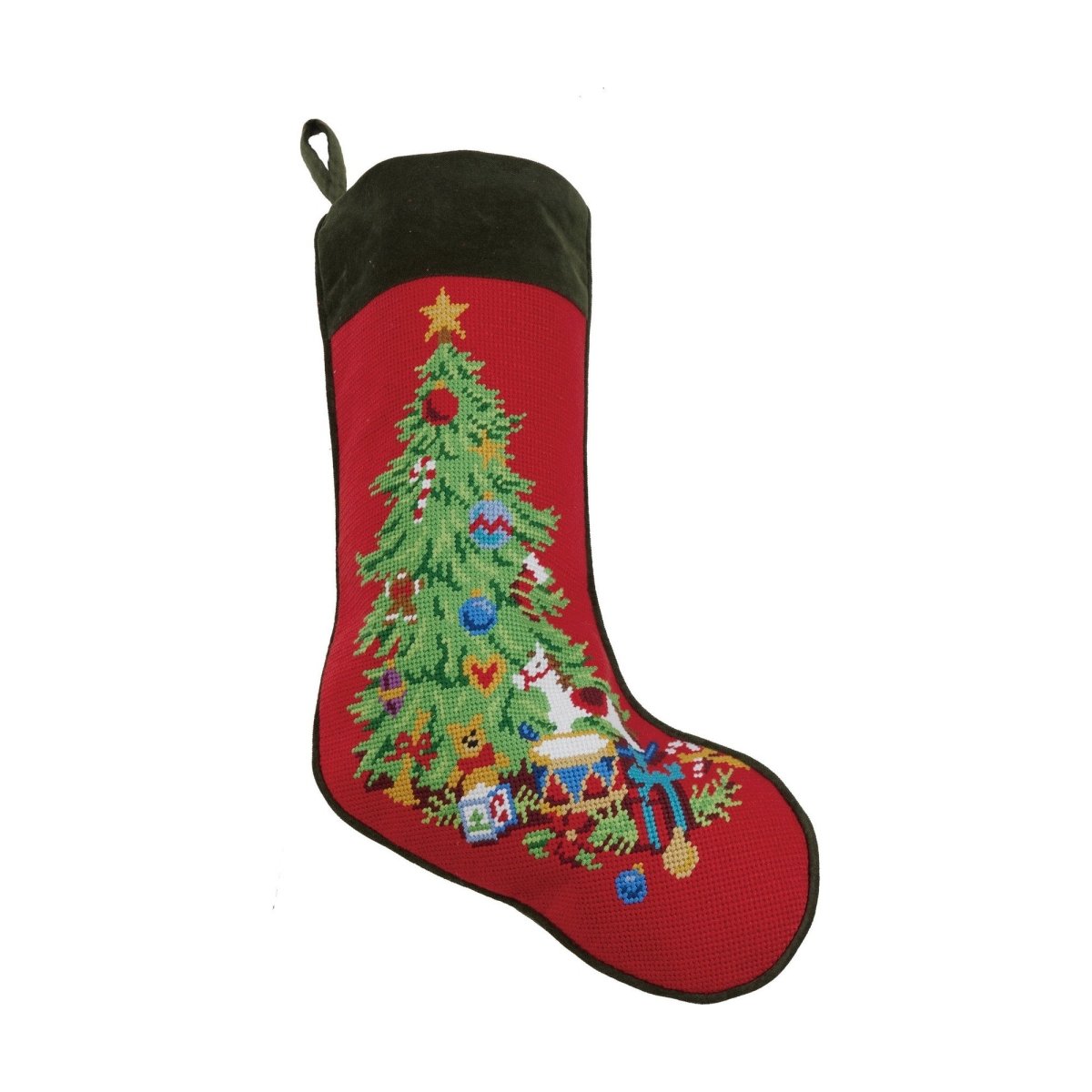 Green Cuff Christmas Tree Embroidered Needlepoint Stocking, 11x18 inch, front view