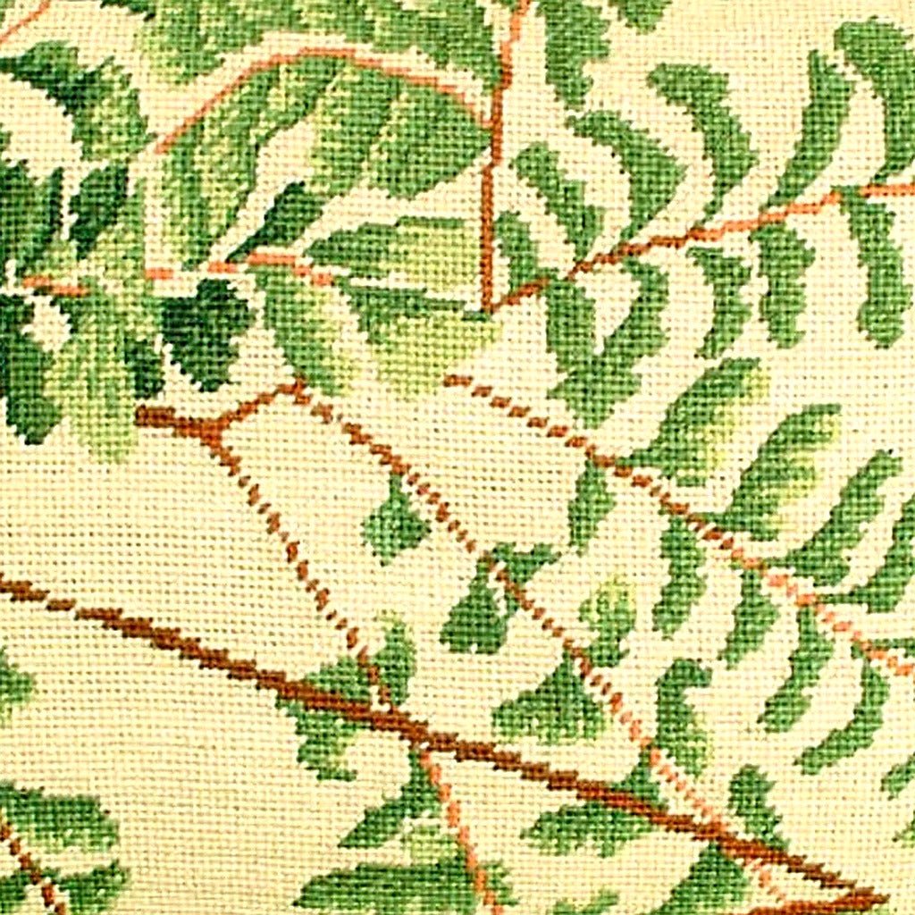 Green Fern Botanical Boho pillow fabric closeup showing hand-embroidered needlepoint wool texture and color detail
