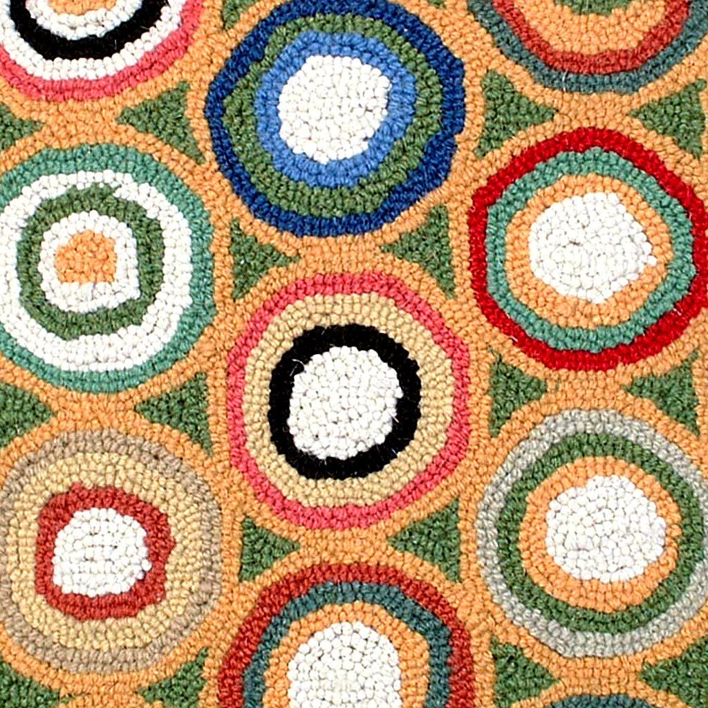 Green Geometric Circles Pattern Wool Hooked pillow fabric closeup showing hand-embroidered needlepoint wool texture and color detail