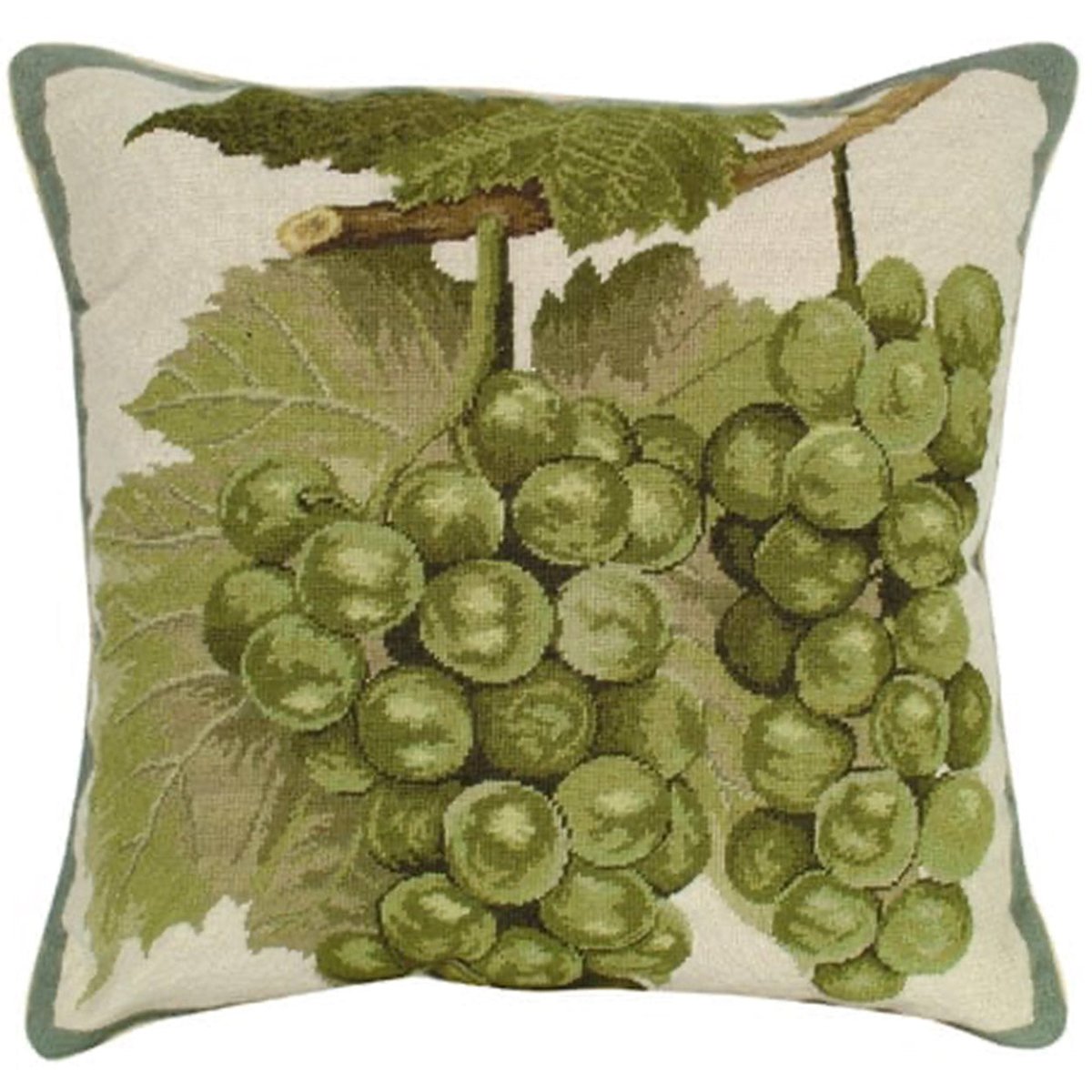 Green Grapes Handmade needlepoint throw pillow with botanical floral design