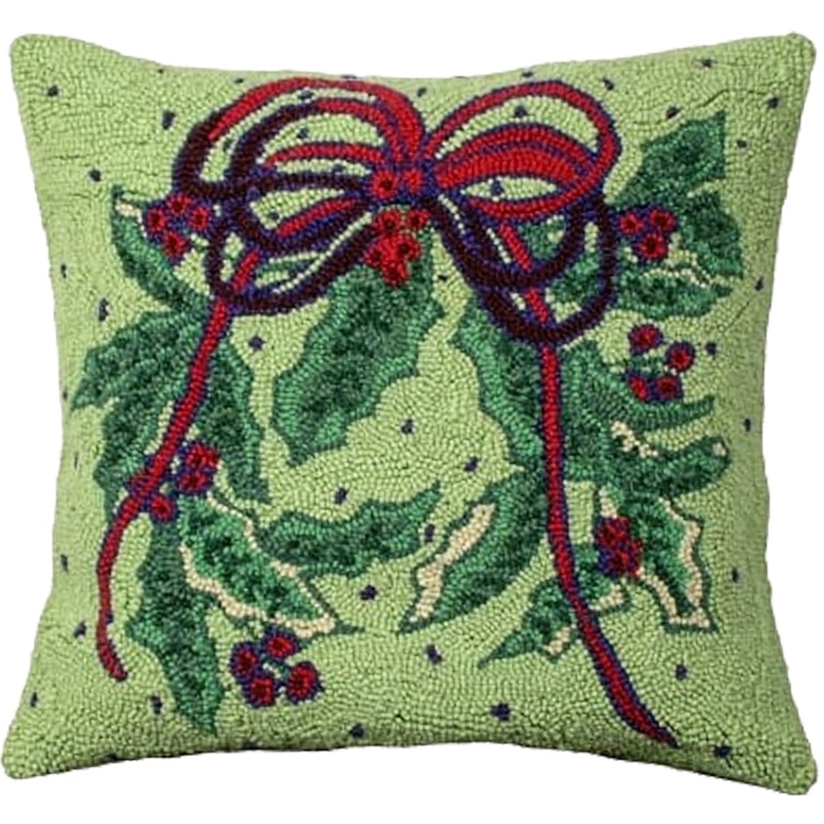 Green Holly Bough hooked wool throw pillow with artisan decorative design