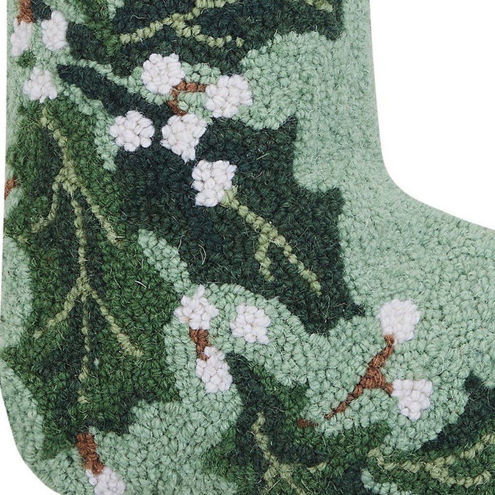 Closeup of Green Holly Hooked Wool Christmas Stocking showing stitch texture and craftsmanship detail