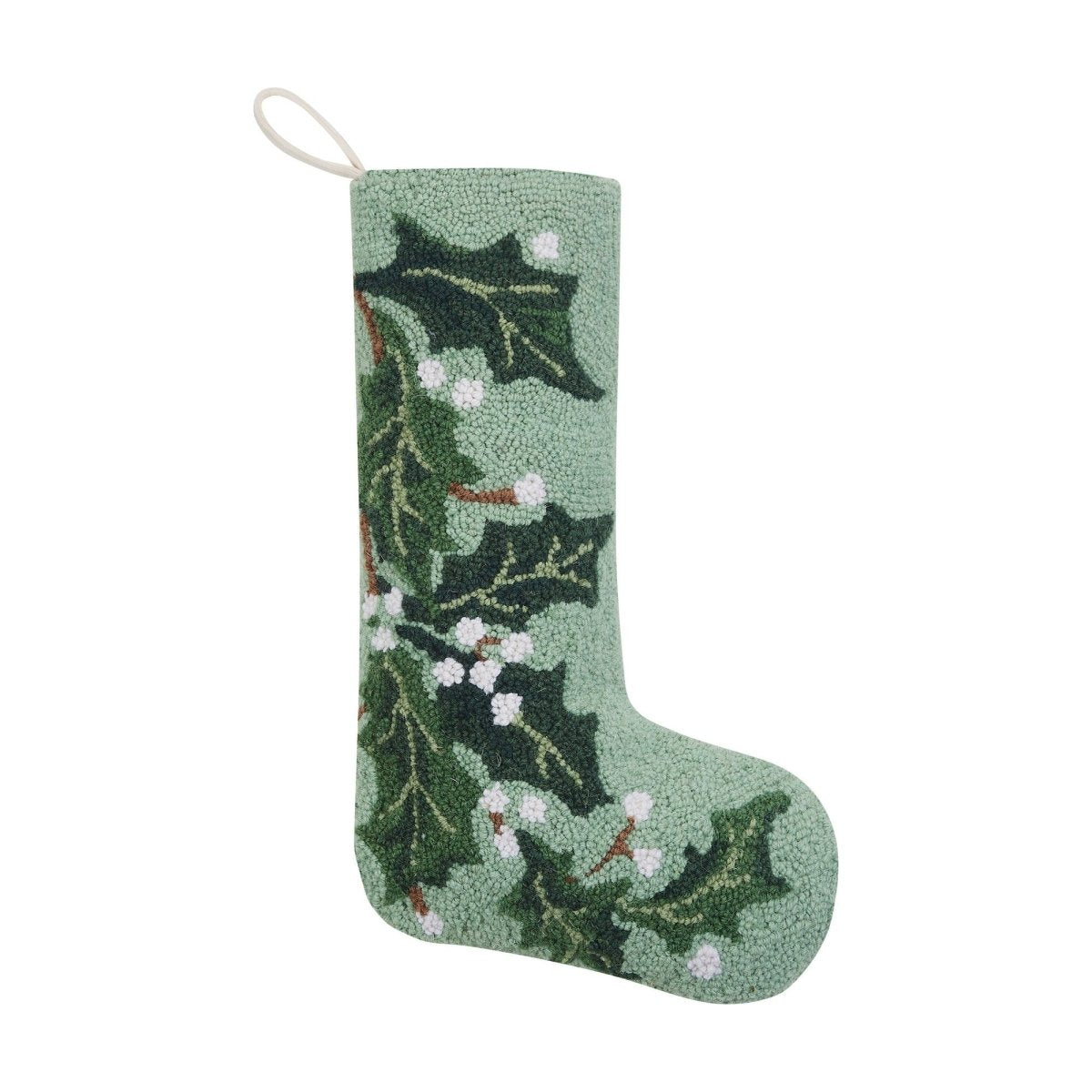 Green Holly Hooked Wool Christmas Stocking, 12x20 inch, front view