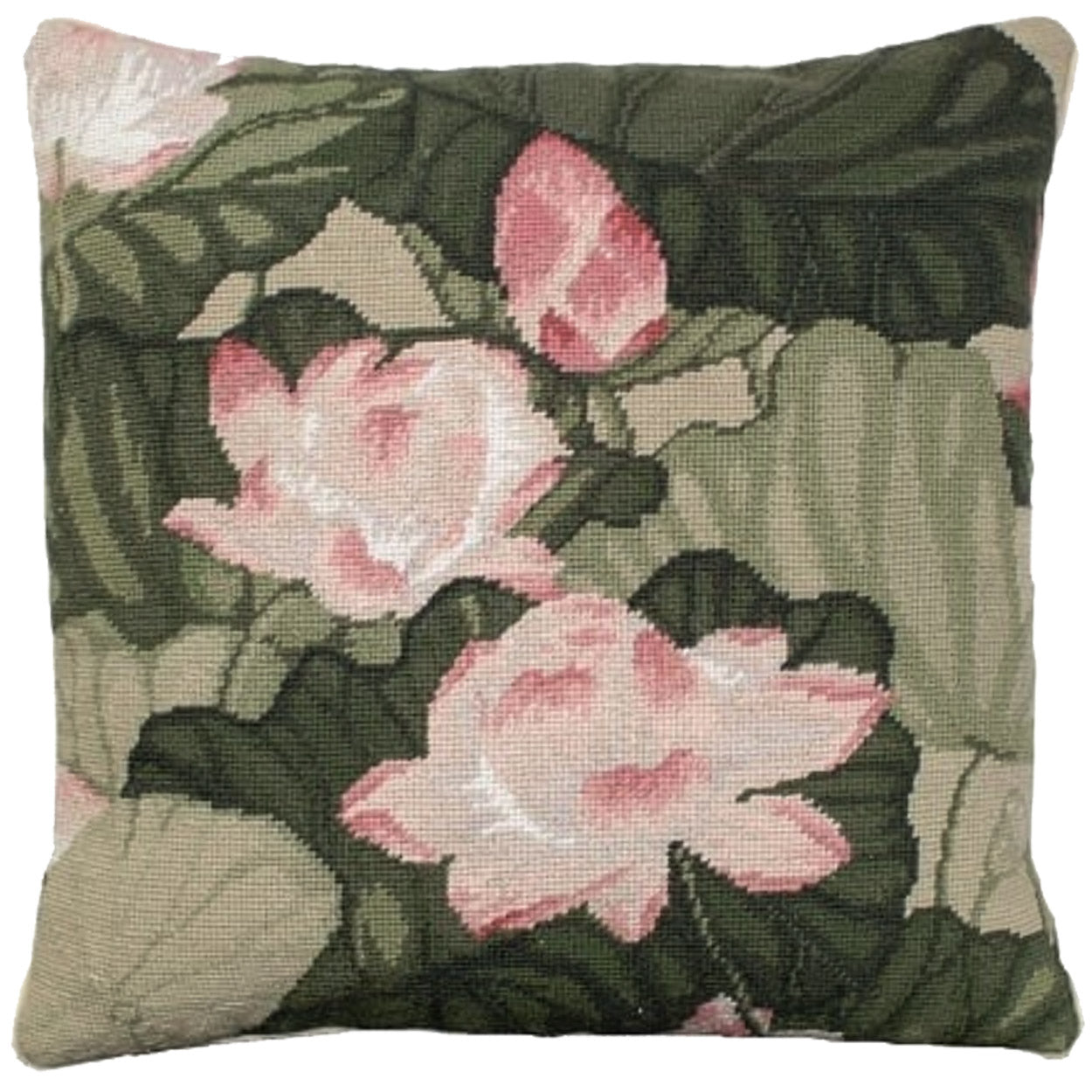 Green Pink Lotus Flower needlepoint throw pillow with botanical floral design