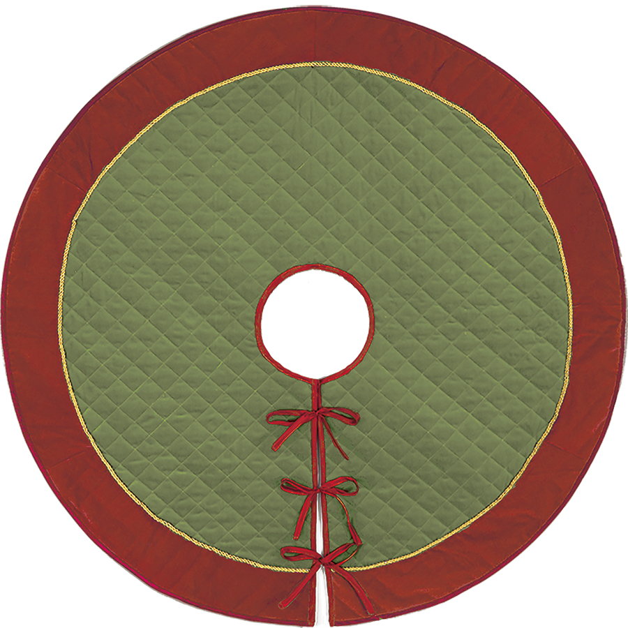 Green/Red Gold Cord Christmas Tree Skirt, 52x52 inch, front view