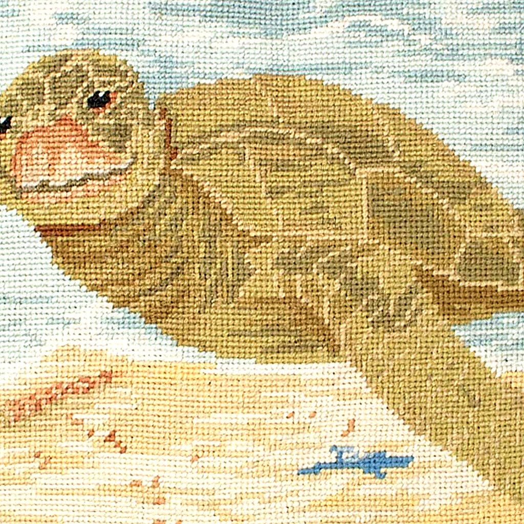 Green Sea Turtle Coastal pillow fabric closeup showing hand-embroidered needlepoint wool texture and color detail