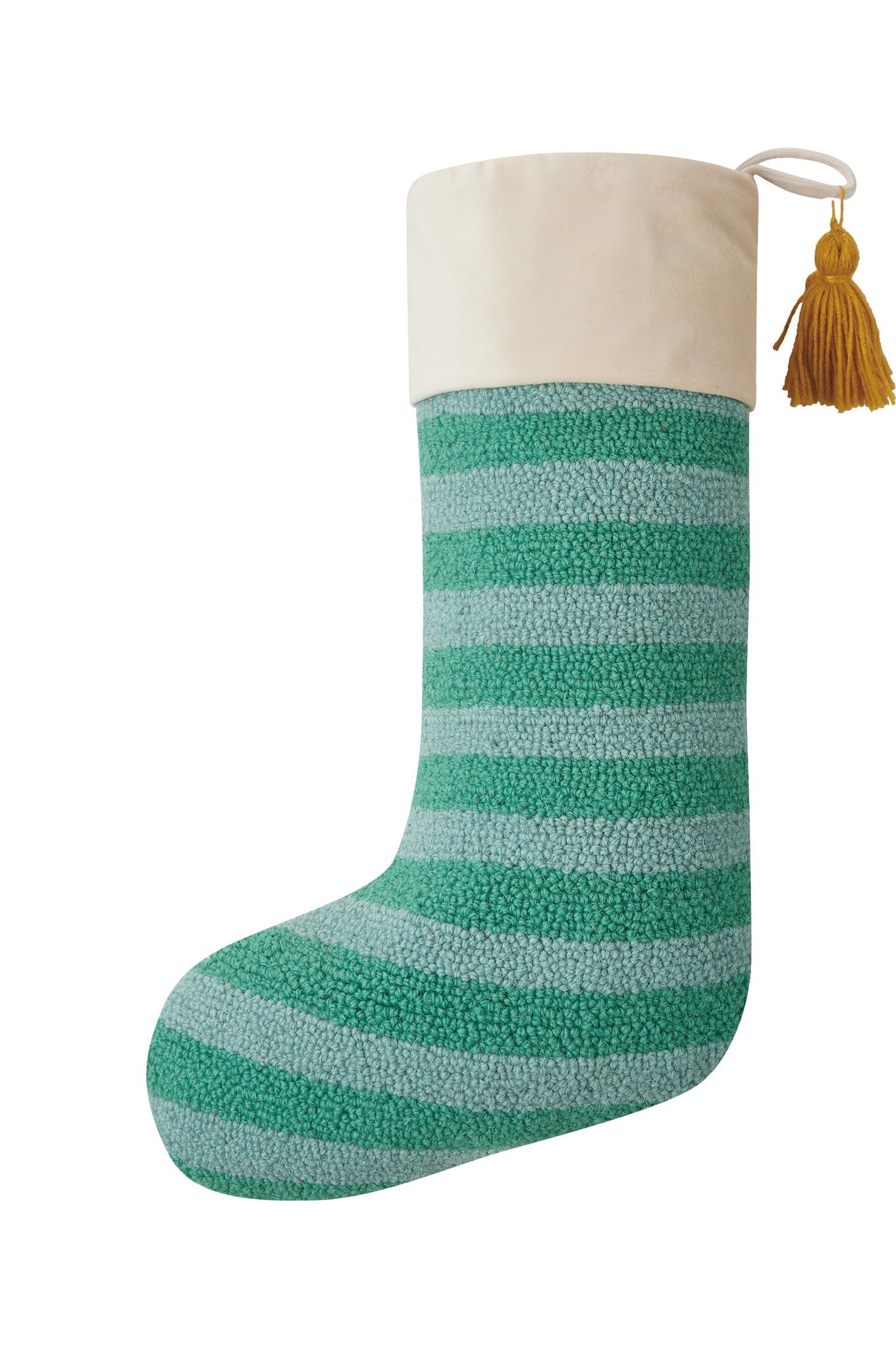 Green Stripe with Tassel Hooked Christmas Stocking, 12x20 inch, front view